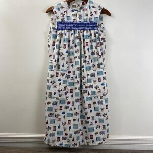 Vintage Girls Dress 10 Smocked Maxi Sleeveless Americana Novelty Print 60s USA